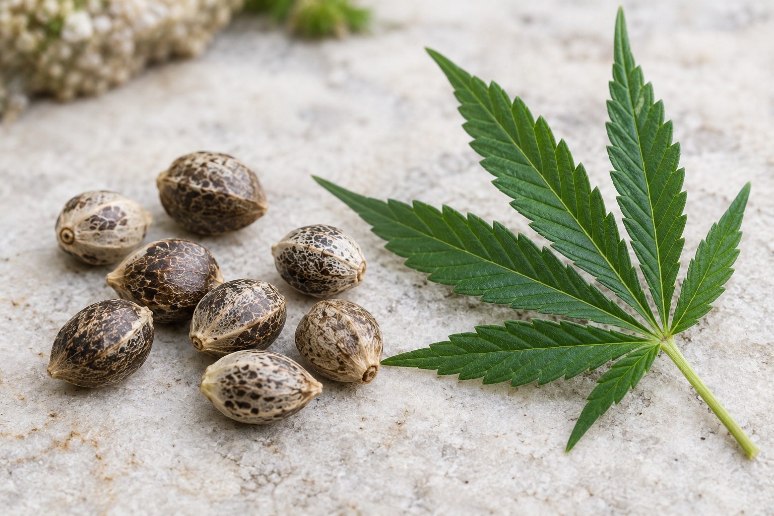 Frutos de cannabis con superficie moteada junto a una hoja verde de folíolos dentados.
